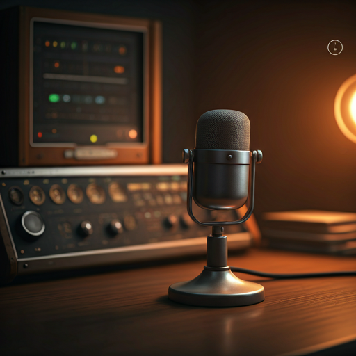 Vintage broadcast microphone in a warm radio studio